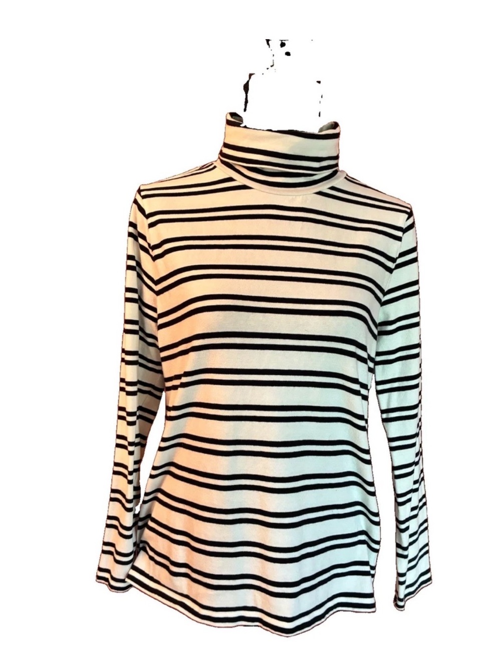 Talbots Women’s White & Black Nautical Striped Stretch Turtleneck, Size L Petite